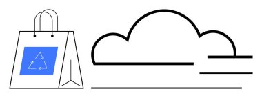 Bulutların yanında çevre dostu ikona sahip geri dönüşümlü alışveriş torbası, sürdürülebilirliği, e-ticareti ve dijital dönüşümü vurguluyor. Çevrimiçi yeşil perakende satış, bulut depolama, teknoloji için ideal