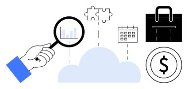 Bulut, bulmaca parçası, takvim, evrak çantası ve dolar ikonuna bağlı büyüteç inceleme çizelgesi olan bir el. İş analizi, iş akışı, strateji, organizasyon finansmanı için ideal