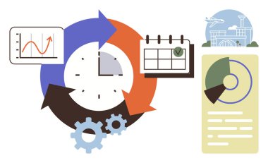 Oklarla, dişlilerle, analitik grafiklerle, takvimle ve seyahat simgesiyle çevrili bir saat. Üretkenlik, planlama, iş akışı, proje yönetimi zaman izleme organizasyon süreci için ideal
