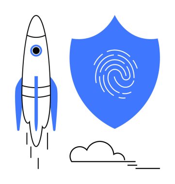 Roket, parmak izi taşıyan kalkanın yanına yükseliyor. Yenilik, koruma ve teknolojiyi simgeliyor. Ticari büyüme, siber güvenlik, veri koruması, gelecekteki teknoloji ve girişimler için ideal