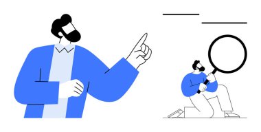 İş adamları takım olarak çalışıyor. Bir lider öne bakıyor, diğeri de elinde büyüteçle diz çöküyor. Takım çalışması, liderlik, analiz, rehberlik, işbirliği, strateji, araştırma için ideal