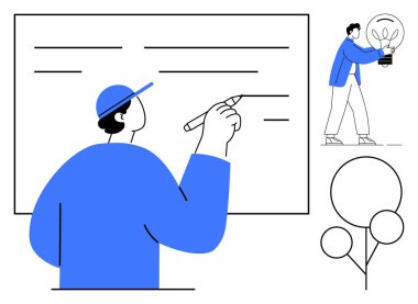 Güvertede ampulü tutan kişi yazıyor. Takım çalışması, eğitim, yaratıcılık, yenilik, planlama, stratejik düşünce ve verimlilik için ideal. Basit düz metafor