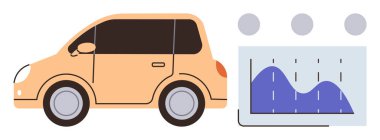 Mavi grafiği ve ızgarası olan turuncu renkli kompakt araba. Otomotiv analizi, teknoloji, veri görselleştirme, yenilik, ulaşım, verimlilik için ideal, basit düz