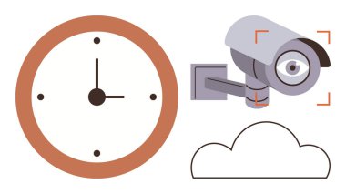 Duvar saati, izleme özelliği olan güvenlik kamerası ve bulut şekli. Güvenlik, veri depolama, zaman yönetimi, izleme çözümleri, izleme sistemleri, akıllı teknoloji
