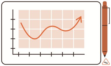 Şebeke çizelgesi yukarı doğru kırmızı eğimli, kalem yanında. İş hedefi, büyüme, analiz, finans, yatırım verileri için ideal düz metafor. Çizgi benzetmesi. Basit satır simgeleri