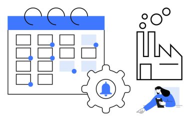 İşaretli tarihli takvim, alarm zilli ekipman, fabrika sembolü, tabletli kişi. Üretkenlik, planlama, organizasyon, endüstriyel iş akışı, zaman yönetimi bildirimleri için ideal