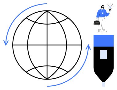 Çevresindeki oklarla çevrili dünya, yaratıcılığı simgeleyen kalem ucu ve fikir ampulünü tutan iş adamı. Yenilik için ideal, küresel ekonomi, yaratıcılık, teknoloji, girişimcilik, tasarım eğitimi