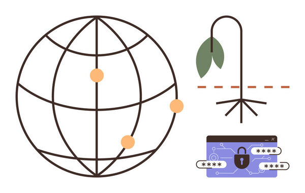 Globe with network points, drooping plant representing environmental depletion, secured webpage login. Ideal for global issues, sustainability, cybersecurity, nature conservation, digital security