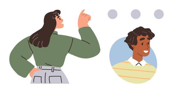 Женщина уверенно указывая, как бы объясняя или наставляя, улыбаясь мужчин профиль в кругу. Идеально подходит для общения, командной работы, лидерства, разнообразия, образования, сетевого наставничества. Простая квартира