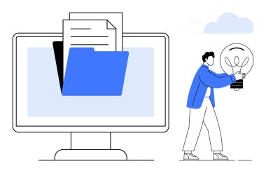 Dosya klasörü ve belgeleri olan bilgisayar monitörü, ampul tutan kişi. Teknoloji, yaratıcılık, yenilik, organizasyon, işbirliği, iş akışı dijital dönüşüm için idealdir. Basit düz