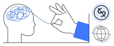 Karışık beyinden ipleri çekip berraklığı sembolize ediyor. Dolar ve dünya simgeleri küresel ticareti, problem çözmeyi, karar vermeyi gösteriyor. Yaratıcılık, finans, strateji, yenilik ve küresel için ideal