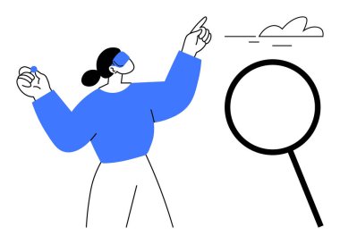 Mavili kadın yukarıyı işaret ediyor, büyüteç ve bulutların yanında yuvarlak bir nesne tutuyor. Merak, büyüme, araştırma, yenilik, keşif, analiz, karar verme kavramları için ideal