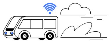 Kablosuz sembollü otonom bir otobüs. Aerodinamik tasarım ve hareket eden bulutlar. Ulaşım, teknoloji, bağlantı, hareket kabiliyeti, yenilik, çevre dostu akıllı şehirler için idealdir. Basit görünüyor.