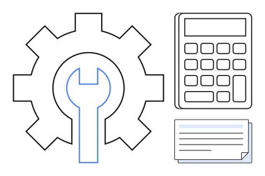 İngiliz anahtarı ile donatılmış dişli, bir hesap makinesi ile eşleştirilmiş, finans ve organizasyon için belgeler. Yönetim, onarım, bütçe, planlama, araçlar, üretkenlik, basit daire için ideal
