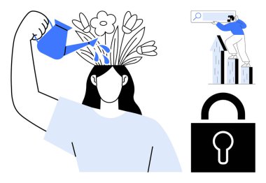 Kafasından çiçek çıkaran bir kadın, grafikte arama çubuğu kullanan bir adam, güvenliği temsil eden bir asma kilit. Ruh sağlığı, kişisel büyüme, eğitim, yaratıcılık, veri gizliliği için ideal