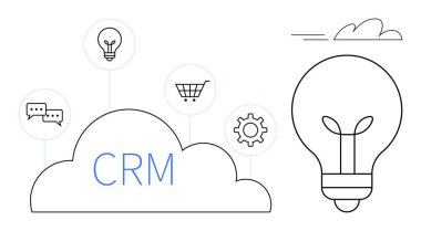 Sohbete, alışveriş arabasına, ampule, dişli ikonlarına bağlı CRM etiketli bulut büyük ampuller yeniliğe işaret ediyor. CRM, bulut hizmetleri, iş yönetimi, takım çalışması, pazarlama otomasyonu için ideal