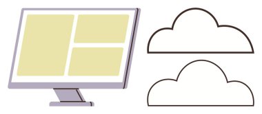 Masaüstü monitörü, dijital teknoloji, depolama ve işbirliğini vurgulayan iki bulut şekli ile birlikte panelleri gösteriyor. Bulut hesaplama, veri paylaşımı, bilişim çözümleri, ağ hizmetleri için ideal