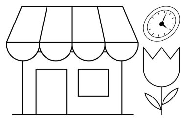 Tenteli, lale çiçeği ve saati olan küçük bir dükkan. İş, perakende, bahçıvanlık, çiçekçilik, zaman yönetimi, yerel ekonomi markalaşması için ideal. Basit düz metafor