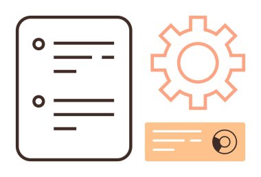 Çizgiler, vites sembolü ve veri bloğu illüstrasyonlu belge düzeni. Çalışma akışı, üretkenlik, planlama, otomasyon, iş operasyonları, organizasyon için ideal minimum düz metafor