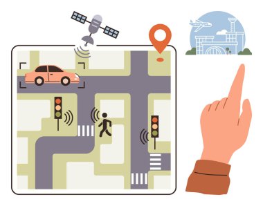 Akıllı trafik ışıkları, yaya, GPS arabası, uydu, harita işareti, el hareketi arayüzü ve havaalanı kavşağı. Teknoloji için ideal, akıllı şehirler şehir planlama