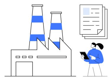Bacaları olan bir fabrika, tablet üzerindeki bilgileri inceleyen bir işçi ve kağıt belgeler. Sanayi, imalat, iş akışı, teknoloji, planlama, işletme işlemleri için ideal basit iniş sayfası