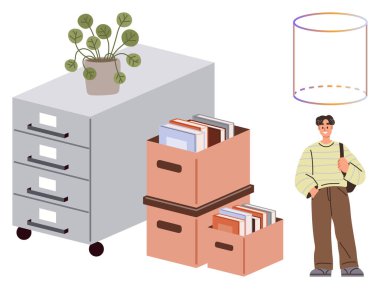 Üstünde saksı bitkisi olan dosya dolabı, kutular dolusu kitap, sıradan bir genç adam çantası, silindirik 3 boyutlu konsept. Organizasyon, eğitim, minimalizm, depolama, ofis çalışma alanı eğitimi için ideal