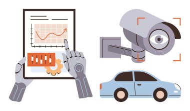 Üzerinde grafikler olan bir tablet, odak çizgileri olan bir güvenlik kamerası ve bir araba tutan robot eller. Otomasyon, yapay zeka, teknoloji, gözetleme, otomotiv güvenliği dijital dönüşümü için ideal. Basit.