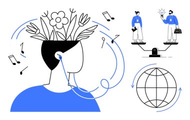 Büyümeyi sembolize eden bitkileri olan soyut insan, yaratıcılığı temsil eden notlar. Ölçek dengeyi vurgular, dünya küresel bağlantıyı tasvir eder. Yenilik için ideal, yaratıcılık, büyüme zihniyeti, denge