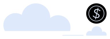 Küçük bulutlara bağlı büyük bulut, veri depolama ve ağ oluşturmayı temsil ediyor, ticari işlemleri simgeleyen bir dolar ikonu ile eşleştiriliyor. Finans, teknoloji, büyüme, tasarruf için ideal