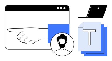 Tarayıcı penceresinde el gösterimi, kullanıcı simgesi, belge yığını ve dizüstü bilgisayar. Takım çalışması, dijital araçlar, kullanıcı arayüzü, çevrimiçi öğrenme, belge paylaşımı için ideal basit iniş sayfası