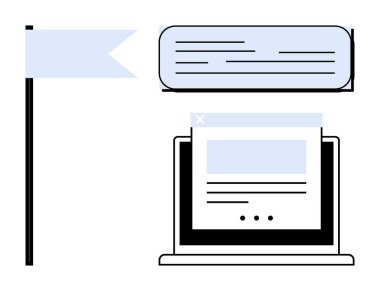 Web sayfası düzenine, yüzen bildirim kutusuna ve bayrak pankartına sahip masaüstü ekranı. İletişim, teknoloji, web tasarımı, tebligatlar, içerik oluşturma minimalizmi için idealdir. Basit düz