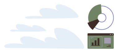 Turta grafiği ve analitik gösterge paneli, yumuşak bulutların yanında yükselen çubuk grafiğiyle dikdörtgen şeklinde. Veri analizi, teknoloji, iş büyümesi, çevrimiçi izleme, bulut hesaplaması, karar verme süreci için ideal