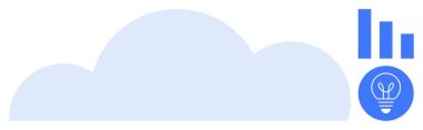 Bar tablosu ve ampul ikonu ile mavi bulut grafiği yeniliği, teknolojiyi, yaratıcılığı ve veri analizini sembolize ediyor. Teknoloji, iş, yaratıcılık, yenilik, analitik bulut için ideal