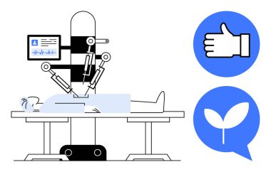 Robotik kol ameliyat masasında hastaya yardım ediyor. Tıbbi monitör hayati değerleri gösteriyor. Baş parmaklar ve çevreci yaprak ikonları onay ve sürdürülebilirliği vurguluyor. Sağlık ve yenilik için ideal