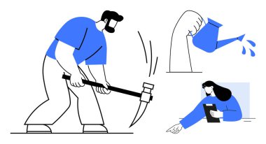 İşçi çekiçle çekiç sallıyor, kolları su dolu, kadın panoya bakıyor. Çalışma, büyüme, üretkenlik, tarım, takım çalışması, basit iniş sayfası için ideal