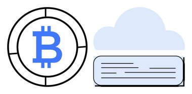 Dairesel tasarım içinde minimalist bulut veri bloğunun yanında Bitcoin logosu. Kripto para birimi, finans teknolojisi, engelleme zinciri, bulut depolama, yatırım, dijital bankacılık, teknoloji için ideal