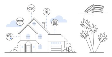 Modern ev aydınlatma, güvenlik, enerji ve su kontrolü için akıllı cihazlara bağlı. Teknoloji, enerji verimliliği, ev otomasyonu, sürdürülebilirlik, güvenlik ve modern yaşam için ideal