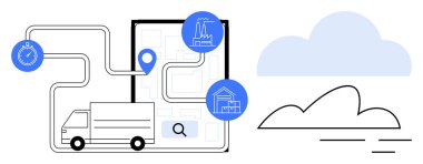 Kamyon işaretli teslimat güzergahında, fabrikaları ve depoları gösteren düğümler, bulut geçmişi. Lojistik, ulaşım, tedarik zinciri, verimlilik, planlama, kentsel dağıtım için ideal