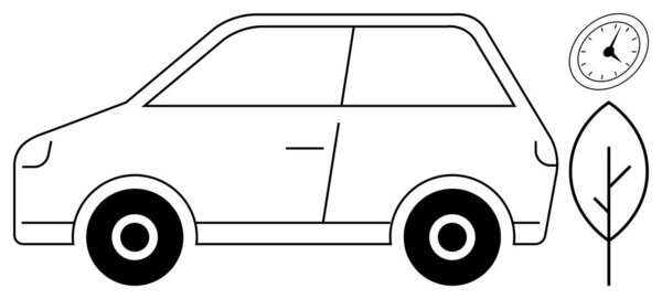 Electric car beside a clock and leaf illustrating time efficiency, green energy, and environmental consciousness. Ideal for sustainability, green technology, renewable energy, time management