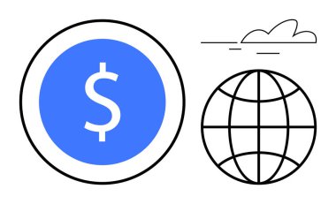 Dairesel çerçeve, dünya ızgarası ve bulut elementinde mavi para birimi işareti. Finans, küresel ticaret, e-ticaret, teknoloji, dijital ekonomi internet küreselleşme kavramları için idealdir. Basit düz