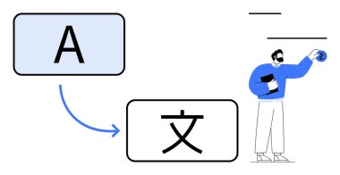 Harfler ve okla temsil edilen metni diller arası çeviren karakter. Çeviri, iletişim, küreselleşme, eğitim, öğrenme, teknoloji için ideal, basit düz metafor