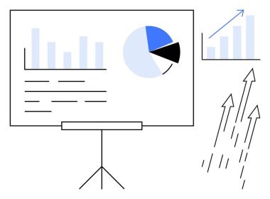 Bar tablosu, pasta grafiği, yukarı doğru büyümeyi gösteren oklar ve küçük grafiklerle sunum tahtası. İş, analitik, performans, strateji büyüme trendleri veri görselleştirmesi için idealdir. Basit düz