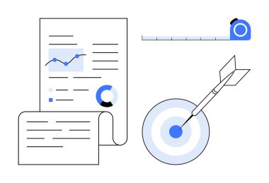 Grafikleri ve grafikleri olan raporlar, doğru değerlendirme için mezuralar, hedefi vurmak. Planlama, analiz, üretkenlik, strateji, performans başarısı için ideal. Basit bir daire.