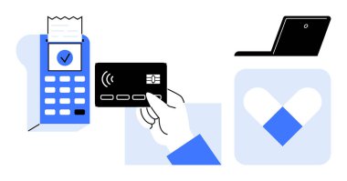 Faturalı ödeme terminalinin yanındaki el ele tutuşma kartı. Dijital bağlantı, alışveriş kolaylığı. E-ticaret, fintech, güvenlik, perakende, işlemler, uygulama tasarımı için ideal basit düz metafor