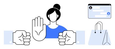 Kadın, yakınlarda el kaldırıyor. Mesajlaşma arayüzü ve alışveriş çantası var. Gizlilik, güvenlik, çevrimiçi alışveriş, dijital sınırlar, kullanıcı onayı, iletişim, basit iniş sayfası için ideal