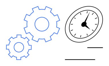 Saatin yanında birbirine kenetlenmiş iki vites verimliliği, zaman optimizasyonunu ve iş akışı verimliliğini temsil ediyor. İdeal yönetim, planlama, takım çalışması, ilerleme, organizasyon, strateji sade daire