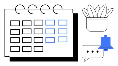 İşaretli günler takvimi, mavi hatırlatma zili, konuşma balonu ve üretkenliği simgeleyen saksı. Planlama, planlama, organizasyon, üretkenlik için idealdir, zaman yönetimini basitleştirir
