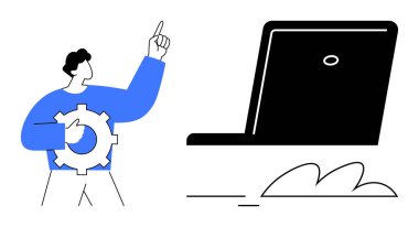 Teknik becerileri ve yenilikleri sembolize eden, yukarı bakan, dizüstü bilgisayarın yanına yerleştirilmiş bir kişi. Teknoloji, geliştirme, problem çözme, takım çalışması, strateji, yaratıcı düşünme dijital