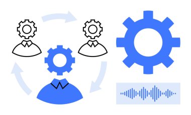 Ekip simgeleri ve liderleriyle bağlantılı olan dişliler, süreç verimliliği ve işbirliği gösteriyor. Ok akışı ve ses dalgası vurgu takım çalışması. Liderlik, iş akışı, organizasyon ve proje için ideal