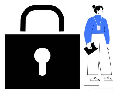 Güvenliği simgeleyen büyük bir asma kilit ve elinde bir pano tutan bir kadın koruma, gizlilik, uyumu, siber güvenlik, erişim kontrolü, bilgi güvenliği ve basit bir düz metafora güvenmeyi öneriyor.